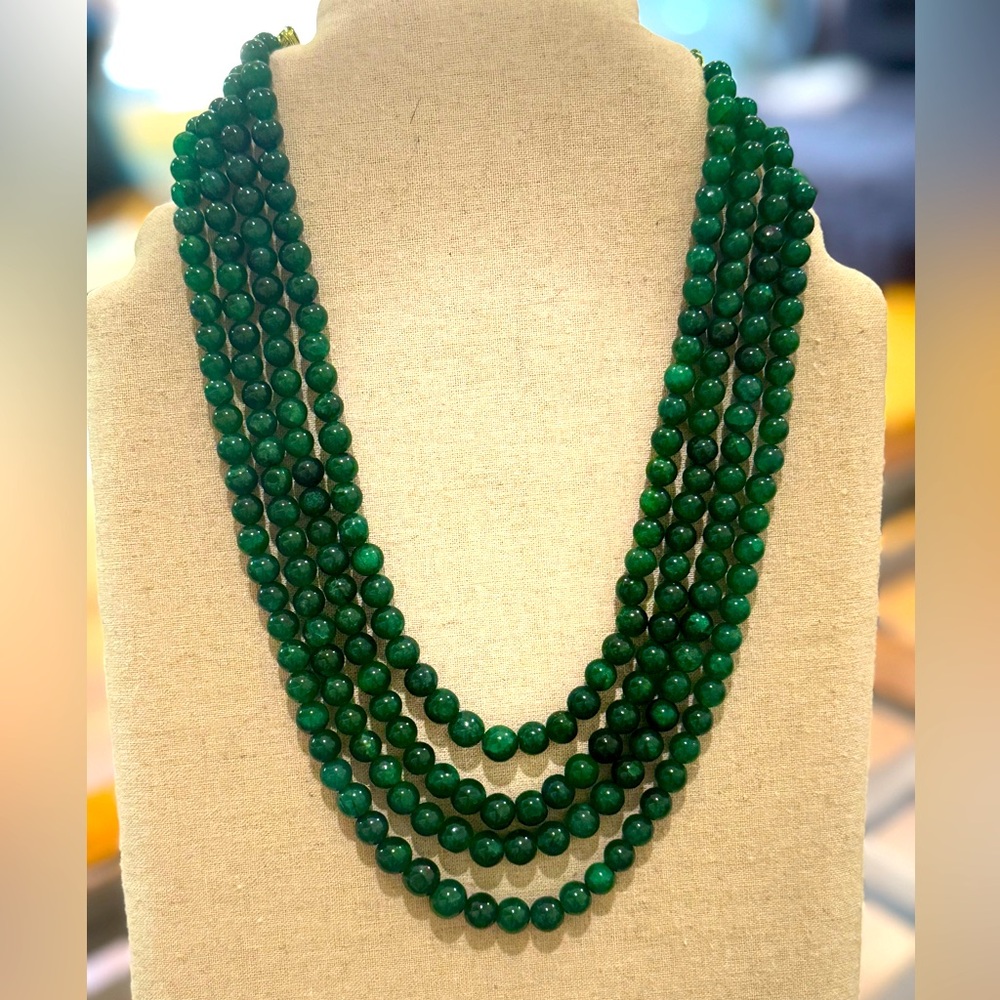 Deep Green Emerald 4 Strand Round Beaded Gemstone Beads Necklace
